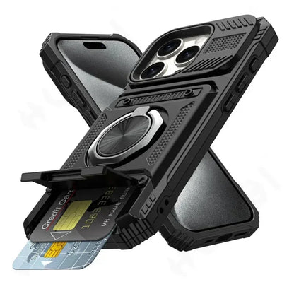 Heavy Duty iPhone Wallet Ring Kickstand Case