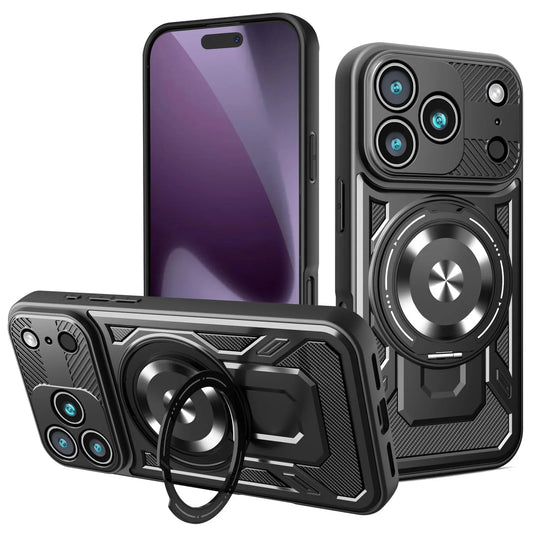 Magnetic Shockproof Armor iPhone Case with Heavy-Duty Ring Kickstand Protection
