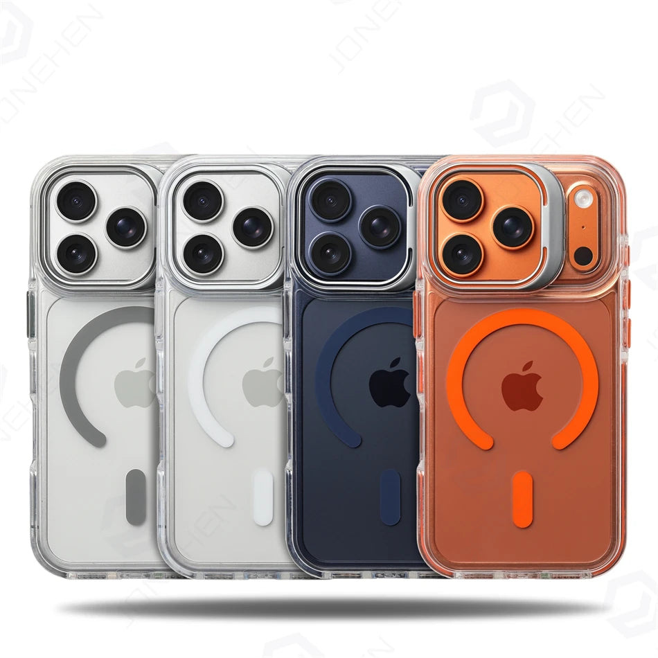 Clear Magnetic iPhone Case with Alloy Stand & Anti‑Drop Bumper