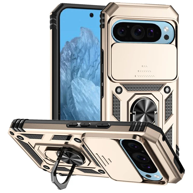 Premium Armor Magnetic Ring Stand Google Pixel Case with Slide Lens Protection