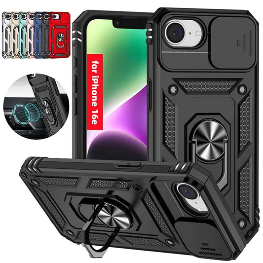Magnetic Slide-Lens Armor Case for iPhone 16e with Ring Protector