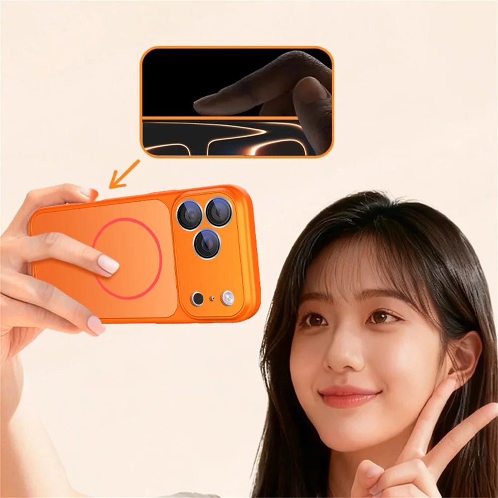 LuxeMag Orange Silicone Shield Case – Magnetic Camera Lens Protection for iPhone - The Armour Case