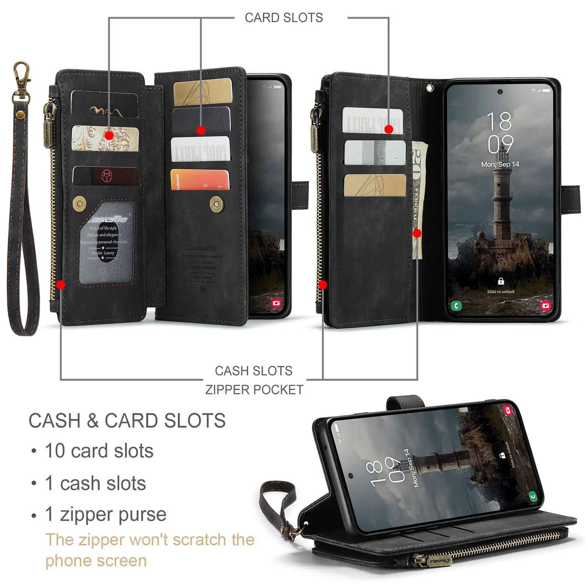 Magnetic Wallet Case with Zipper Card Holder for Galaxy A-Series