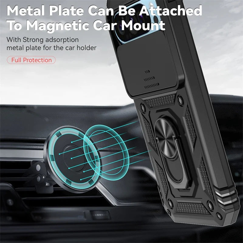 Premium Armor Magnetic Ring Stand Google Pixel Case with Slide Lens Protection