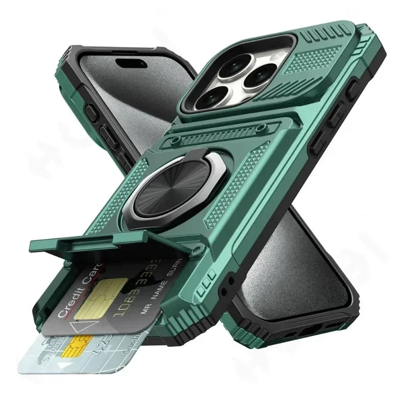 Heavy Duty iPhone Wallet Ring Kickstand Case