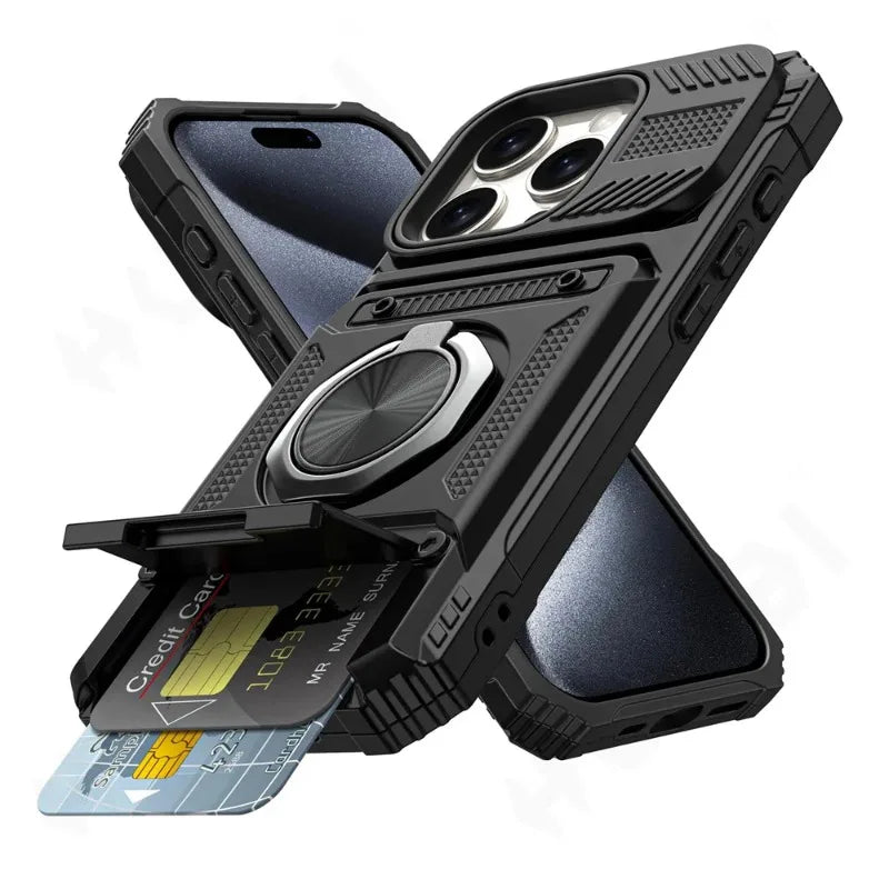 Heavy Duty iPhone Wallet Ring Kickstand Case