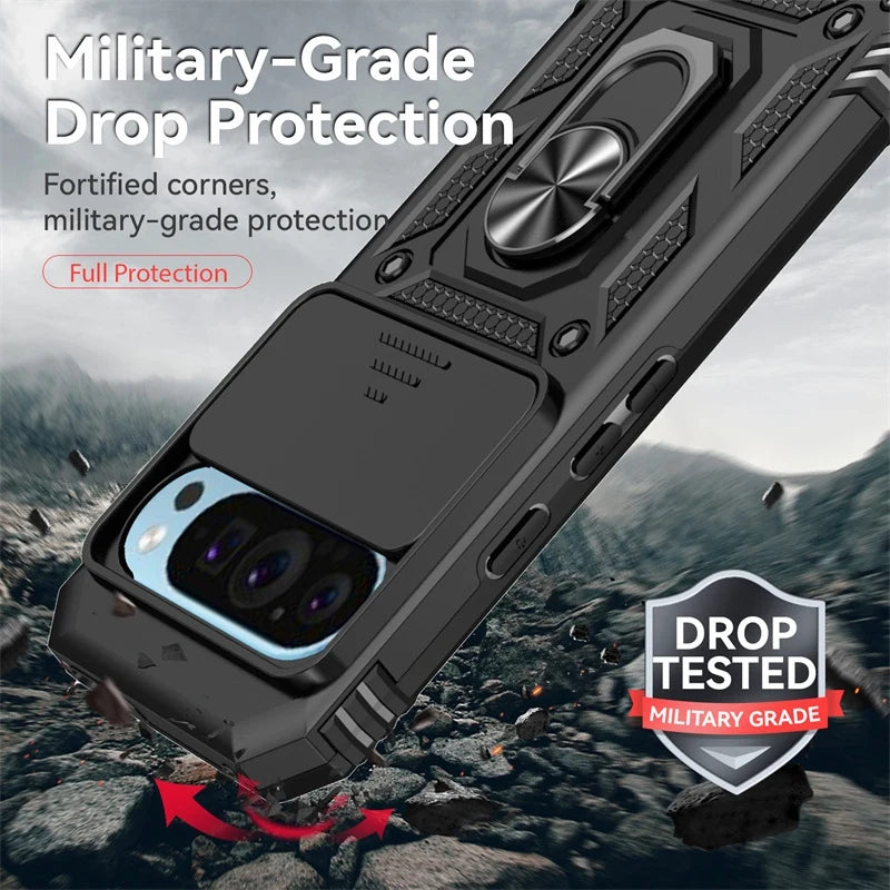 Premium Armor Magnetic Ring Stand Google Pixel Case with Slide Lens Protection