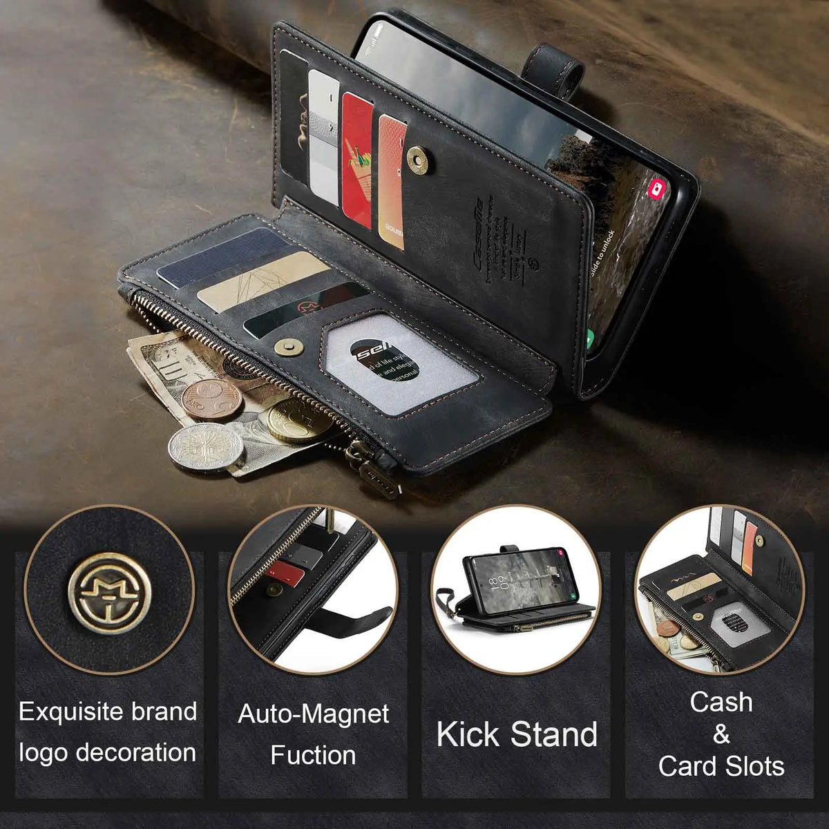 Magnetic Wallet Case with Zipper Card Holder for Galaxy A-Series