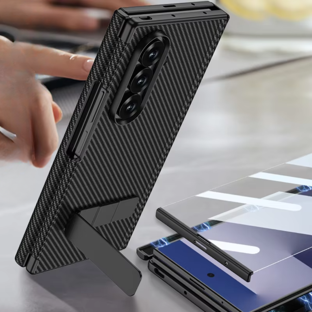 Samsung Galaxy Z Tri-Fold Leather Magnetic Case Dual Hinge Rotating Stand