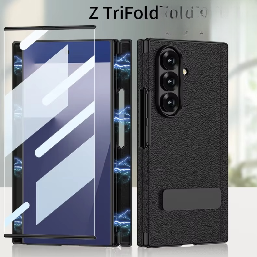 Samsung Galaxy Z Tri-Fold Leather Magnetic Case Dual Hinge Rotating Stand