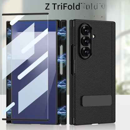 Samsung Galaxy Z Tri-Fold Leather Magnetic Case Dual Hinge Rotating Stand