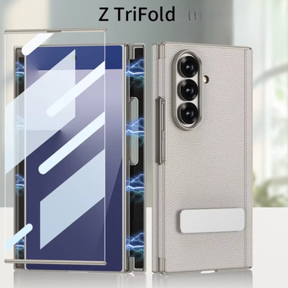Samsung Galaxy Z Tri-Fold Leather Magnetic Case Dual Hinge Rotating Stand