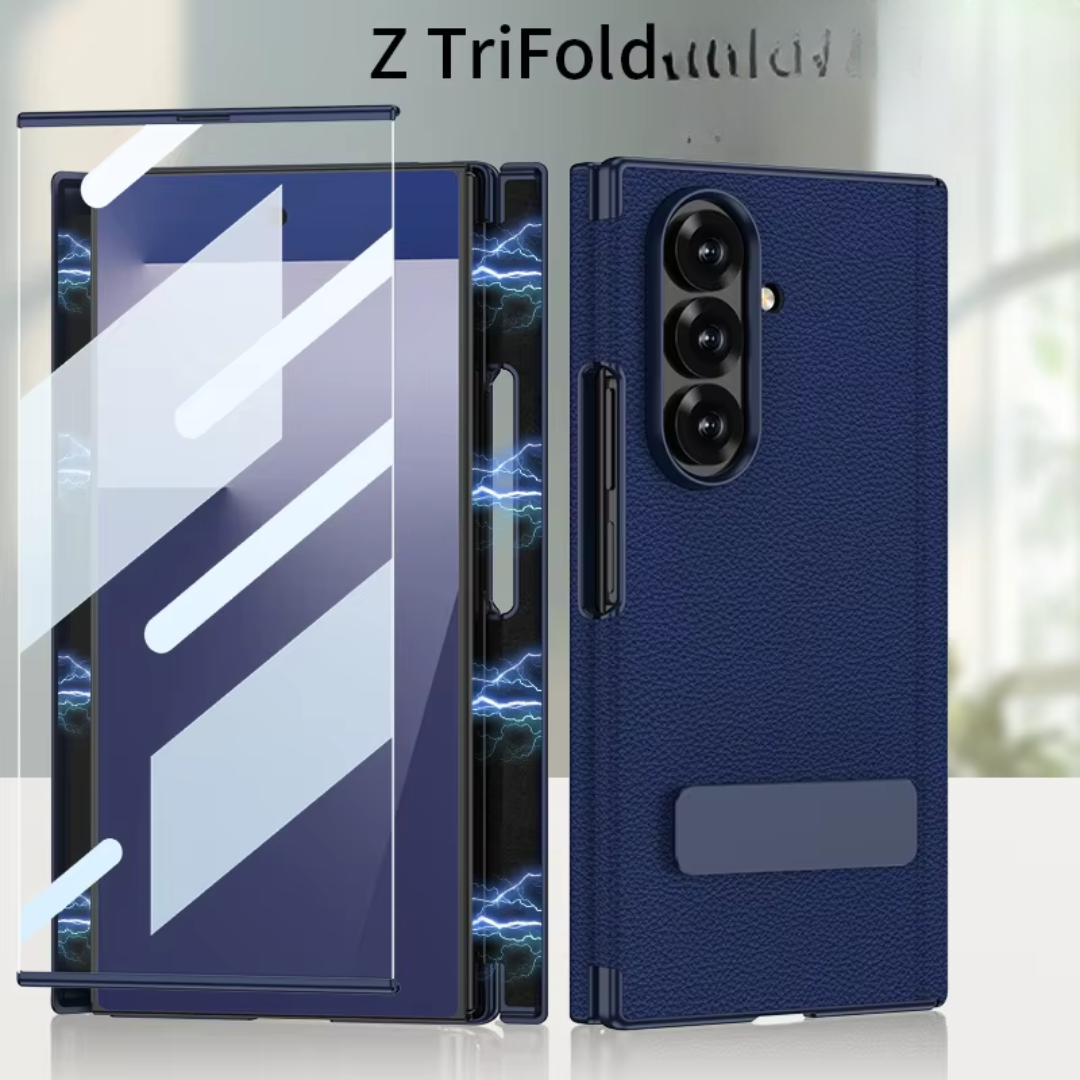 Samsung Galaxy Z Tri-Fold Leather Magnetic Case Dual Hinge Rotating Stand