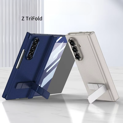 Samsung Galaxy Z Tri-Fold Leather Magnetic Case Dual Hinge Rotating Stand