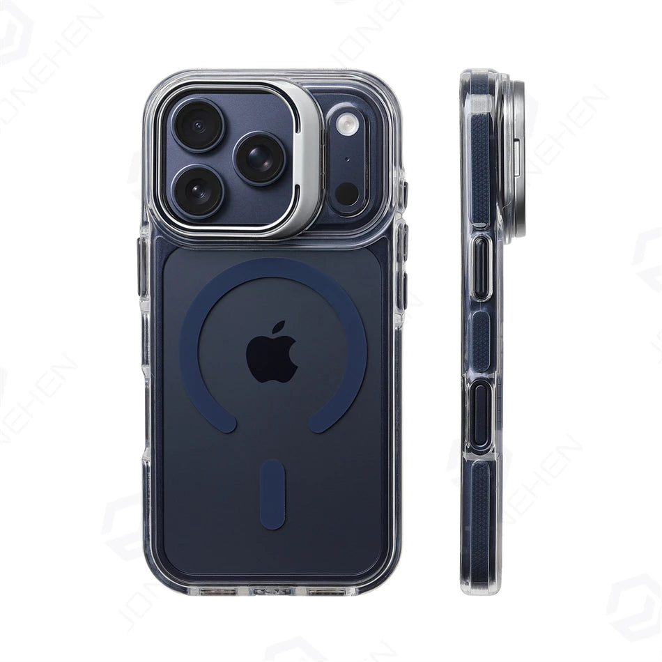 Clear Magnetic iPhone Case with Alloy Stand & Anti‑Drop Bumper